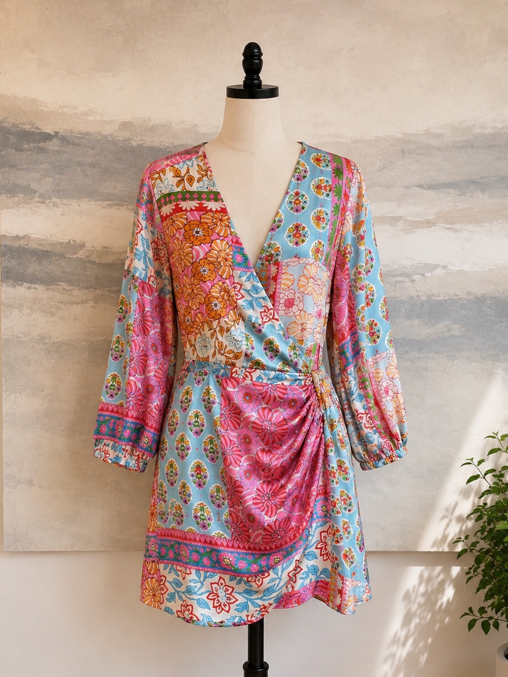 Zara Patchwork Floral Mini Dress L Boho V Neck Long Sleeve Faux Wrap Mini